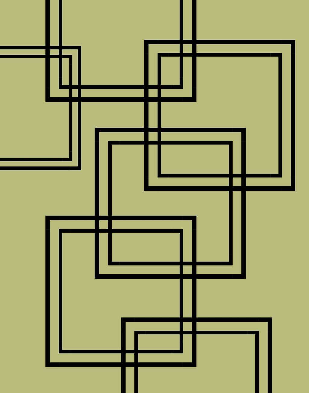 An abstract geometric pattern featuring intersecting black double-line square frames on a solid olive green background.
