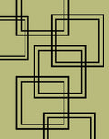 An abstract geometric pattern featuring intersecting black double-line square frames on a solid olive green background.
