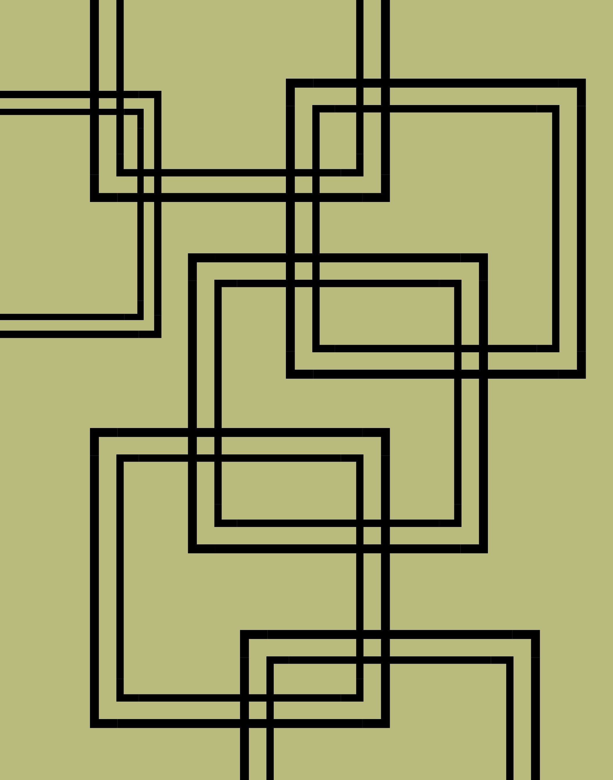 An abstract geometric pattern featuring intersecting black double-line square frames on a solid olive green background.
