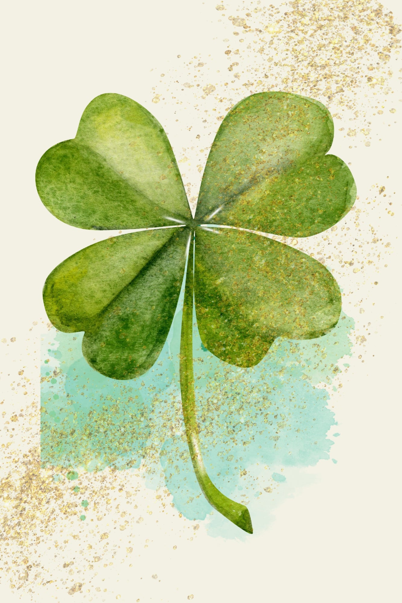 A watercolor-style four-leaf clover with green leaves and a stem, centered on a light cream background with gold glitter-like speckling and a soft aqua wash behind the lower part of the clover.