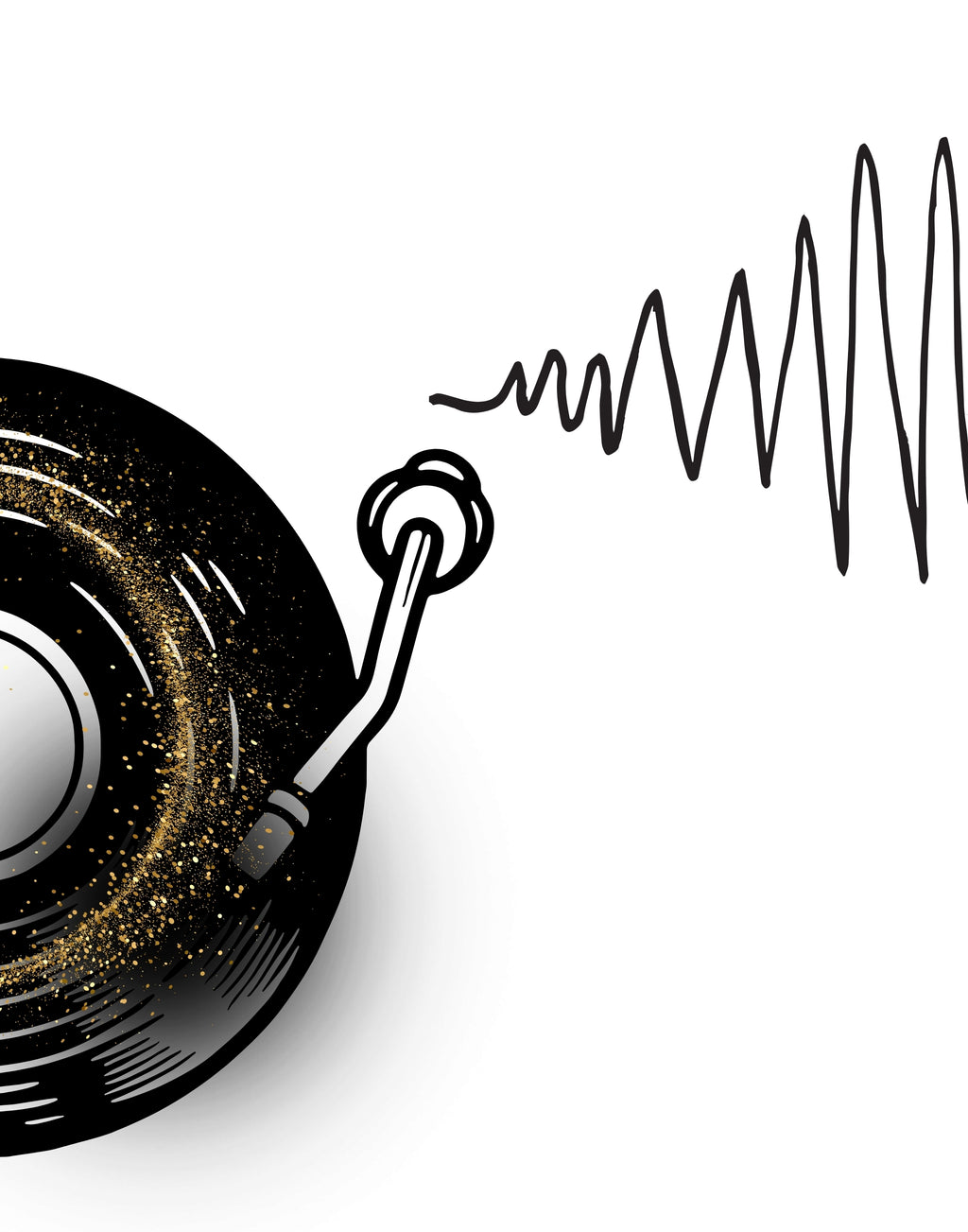 A stylized black vinyl record with gold glitter-like speckles, a turntable needle, and a black sound wave on a white background.