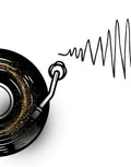 A stylized black vinyl record with gold glitter-like speckles, a turntable needle, and a black sound wave on a white background.