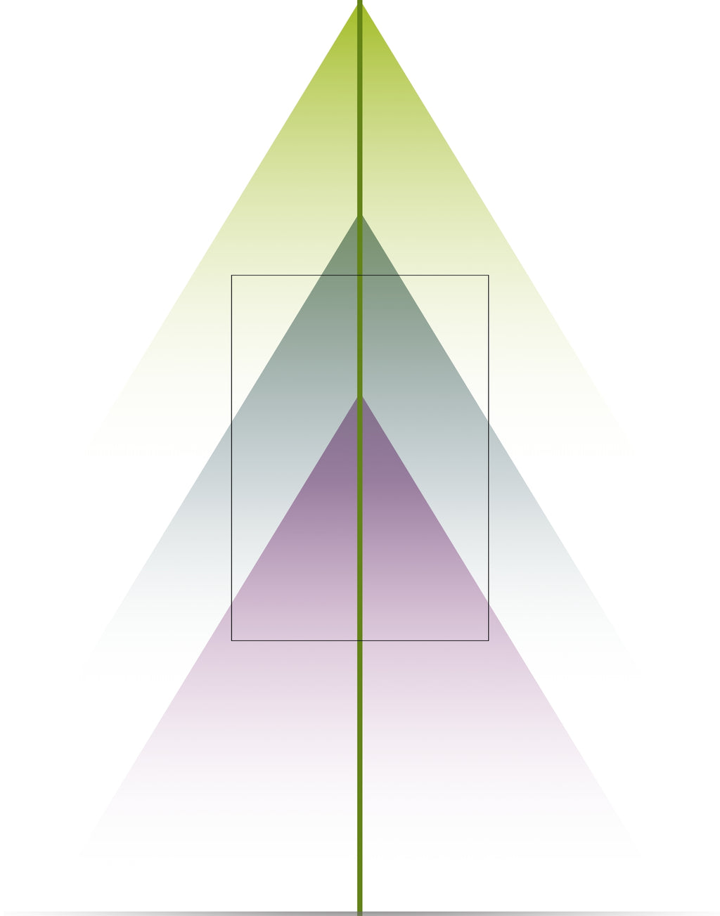 A minimalist graphic with three overlapping inverted triangles in pale yellow-green, muted blue-gray, and lavender, centered on a white background with a thin vertical olive line running down the middle.