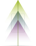 A minimalist graphic with three overlapping inverted triangles in pale yellow-green, muted blue-gray, and lavender, centered on a white background with a thin vertical olive line running down the middle.