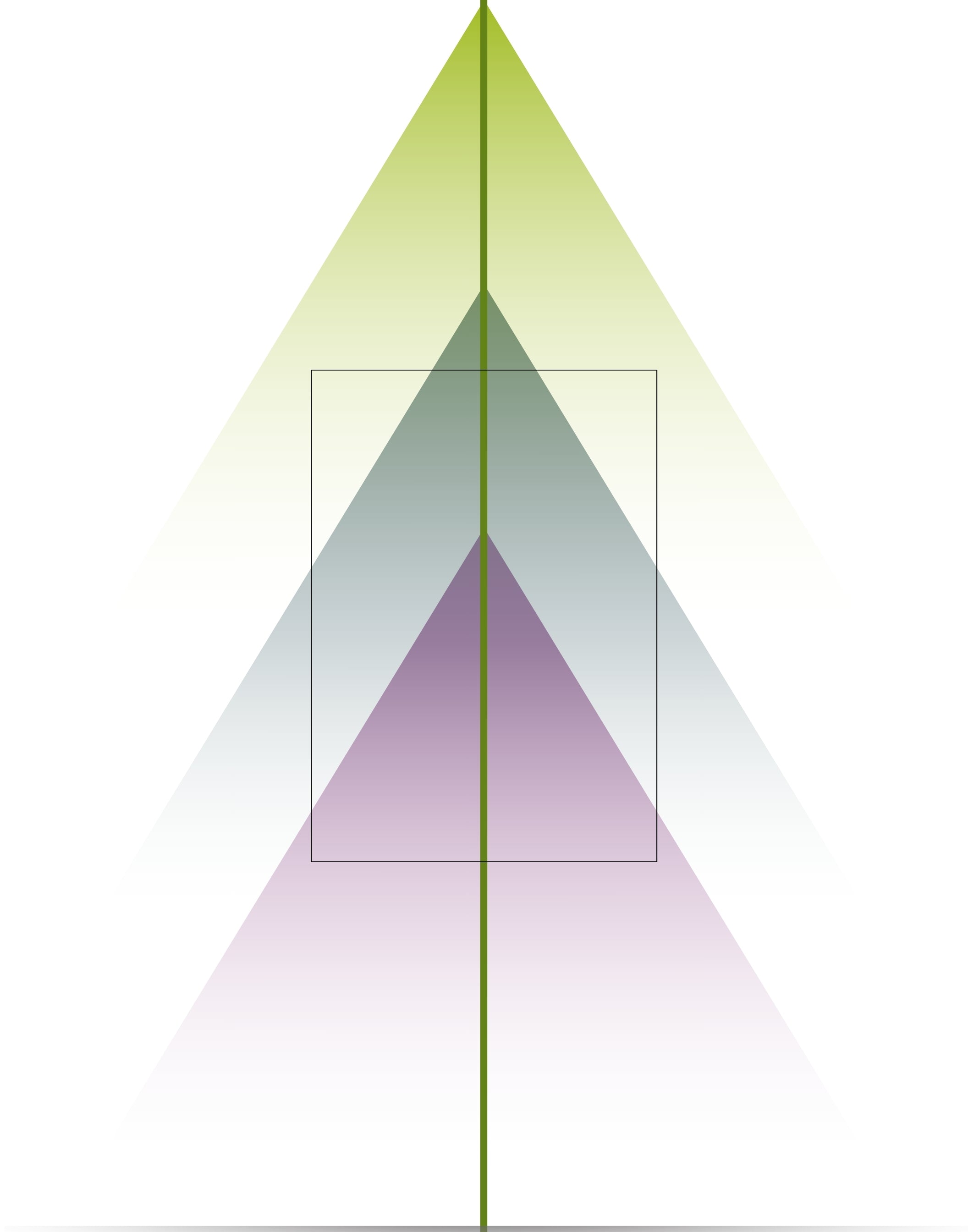 A minimalist graphic with three overlapping inverted triangles in pale yellow-green, muted blue-gray, and lavender, centered on a white background with a thin vertical olive line running down the middle.