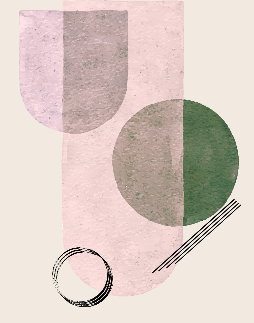 Abstract geometric art print featuring overlapping pastel pink and sage green shapes, including a large vertical pink rectangle, a green circle, a pink oval, and black hand-drawn circle and line elements on a warm cream background.