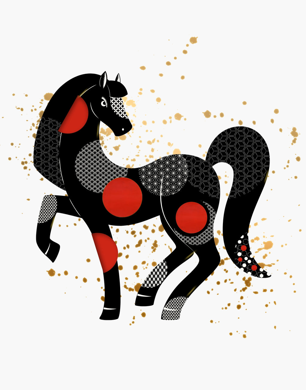 A stylized black horse illustration with red circular accents and geometric patterned sections, set against a light gray background with scattered gold paint splatters.