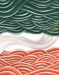 Abstract wave-pattern artwork with three horizontal sections: dark green at the top, white in the middle with subtle gold speckles, and coral pink at the bottom, all in a stylized layered wave design.