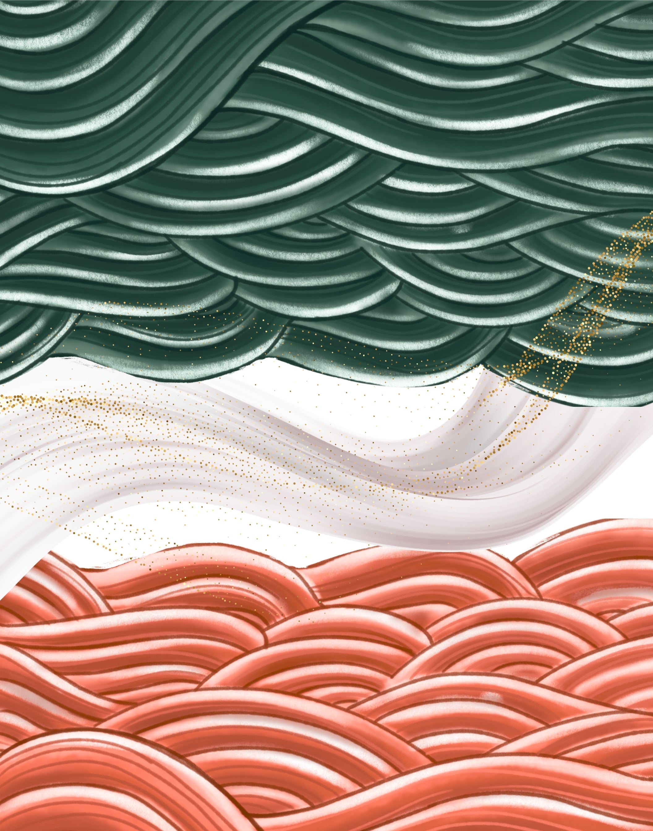 Abstract wave-pattern artwork with three horizontal sections: dark green at the top, white in the middle with subtle gold speckles, and coral pink at the bottom, all in a stylized layered wave design.