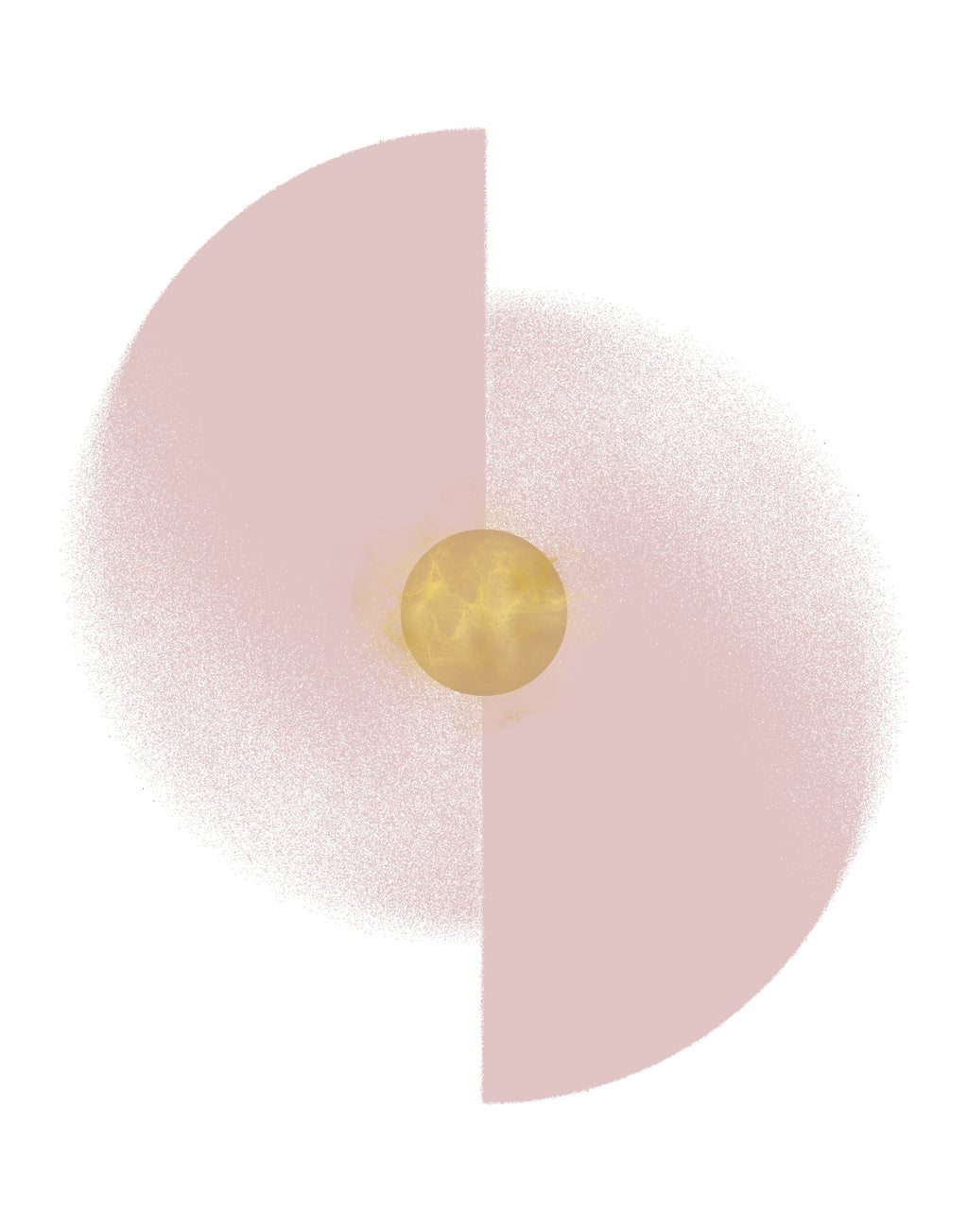 A minimalist circular graphic with a soft pink semi-circle split vertically, a textured light pink ring around the center, and a small metallic gold sphere at the middle, set against a plain white background.