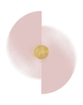 A minimalist circular graphic with a soft pink semi-circle split vertically, a textured light pink ring around the center, and a small metallic gold sphere at the middle, set against a plain white background.