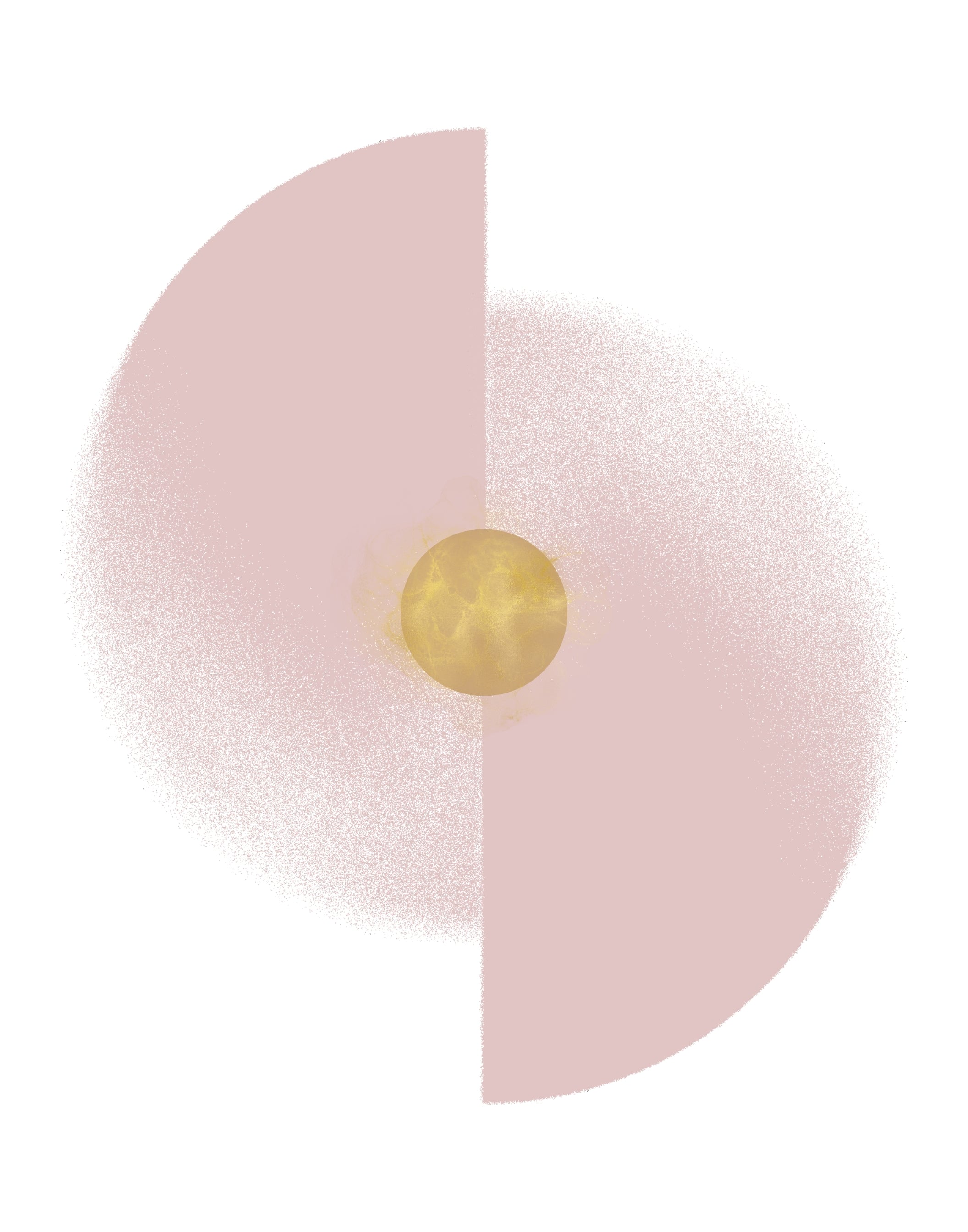 A minimalist circular graphic with a soft pink semi-circle split vertically, a textured light pink ring around the center, and a small metallic gold sphere at the middle, set against a plain white background.
