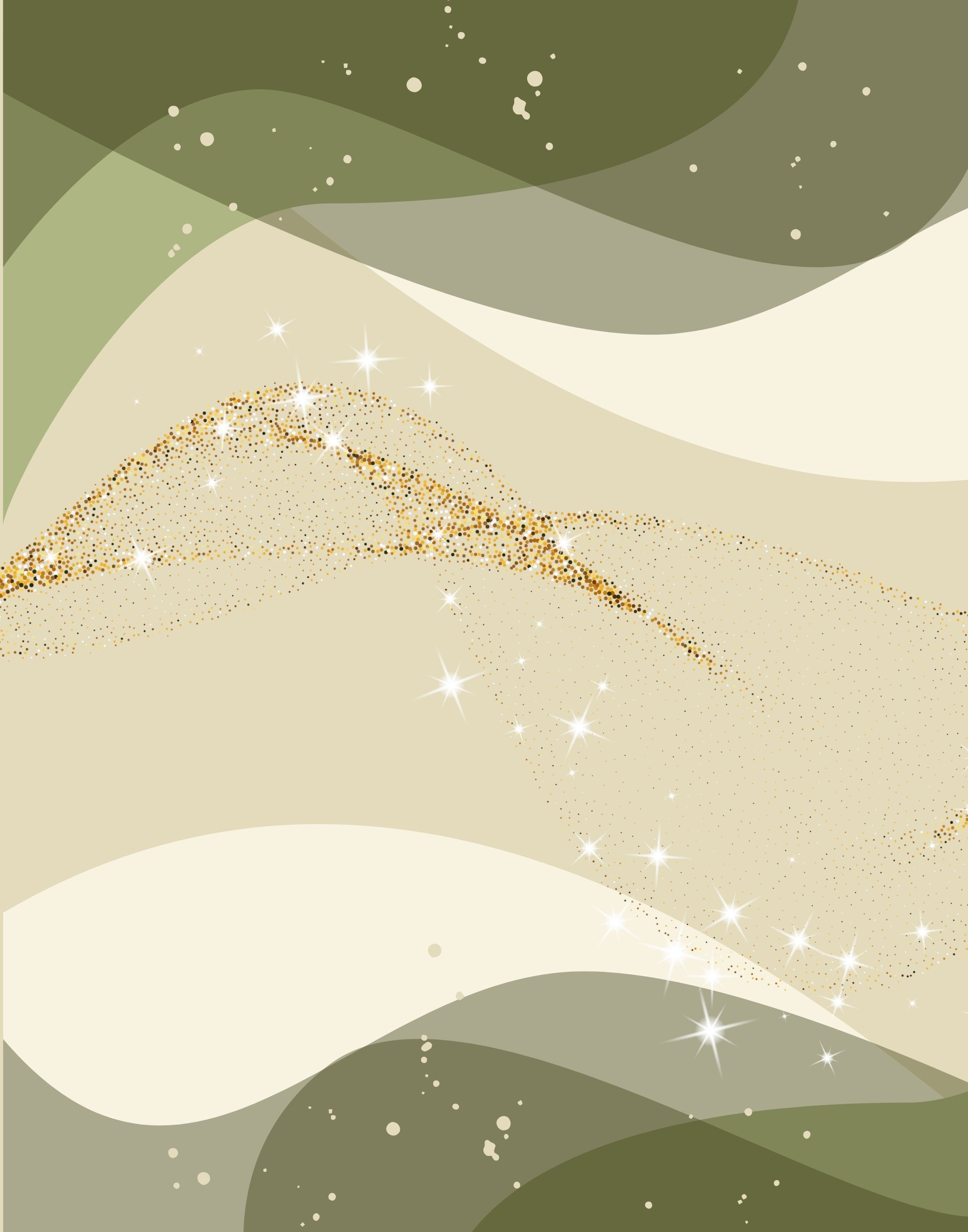 Abstract wavy background with olive green, cream, and beige curves, a gold glitter mountain shape, and scattered white sparkles.