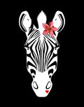 A stylized black and white zebra head illustration on a solid black background, with a pink flower on its forehead and a small red heart near the nose.