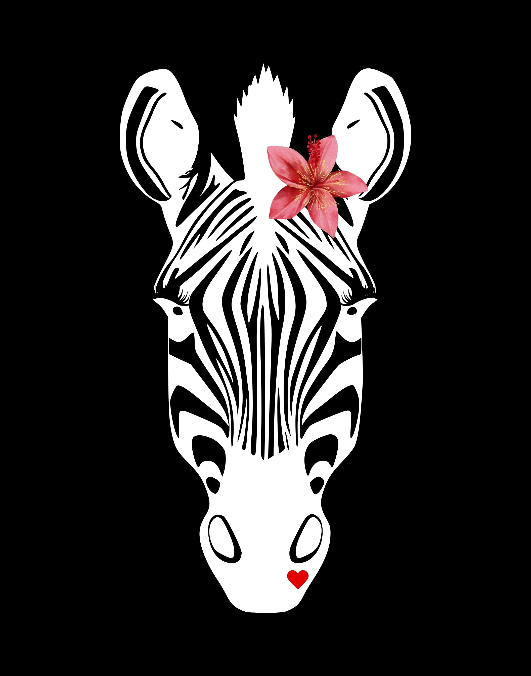 A stylized black and white zebra head illustration on a solid black background, with a pink flower on its forehead and a small red heart near the nose.
