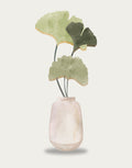 A minimalist watercolor-style illustration of two pale green ginkgo leaves in a textured off-white vase against a light warm gray background.