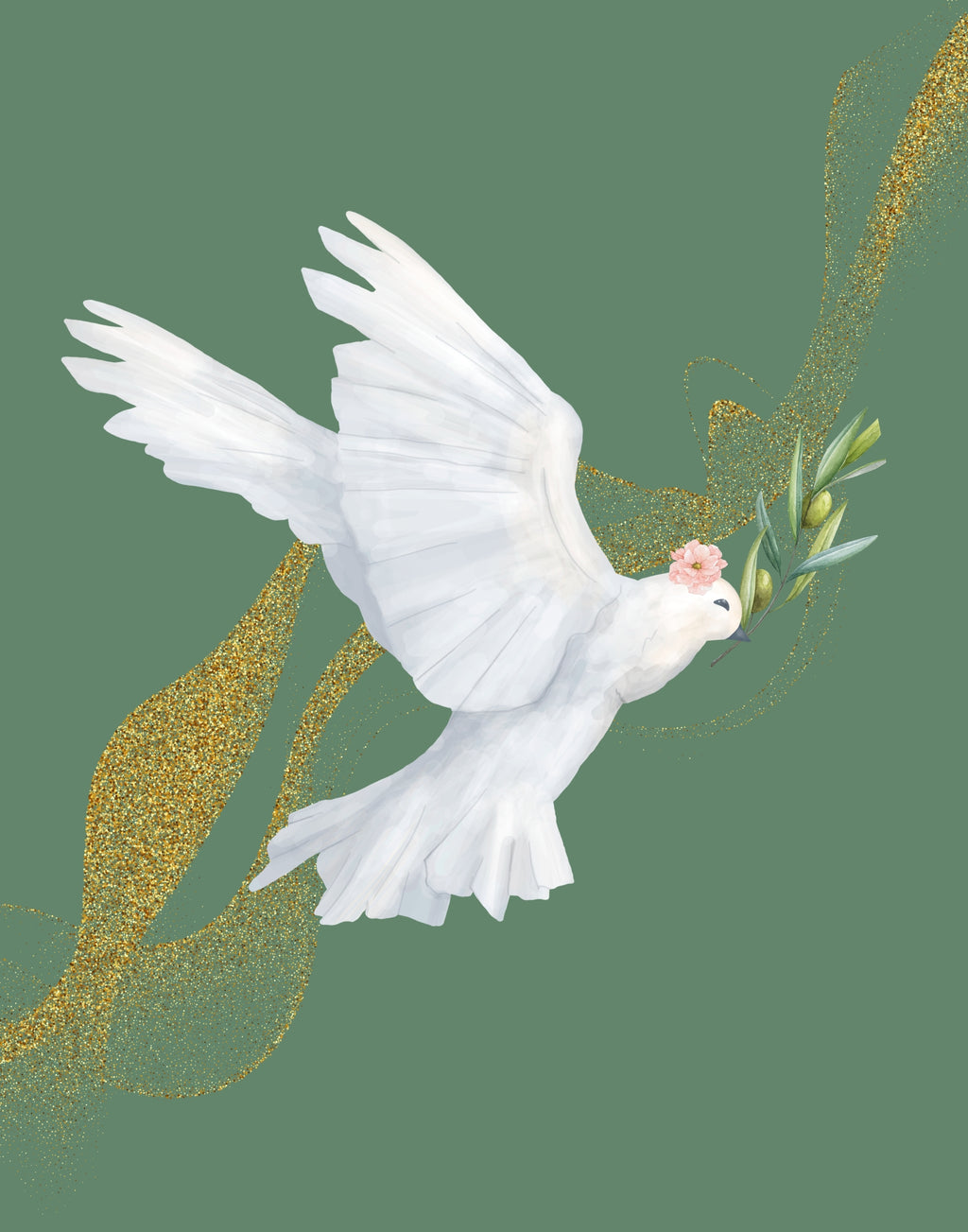 A white dove in flight carrying an olive branch with a small pink flower on its head, set against a muted green background with flowing gold glitter-like accents.