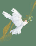 A white dove in flight carrying an olive branch with a small pink flower on its head, set against a muted green background with flowing gold glitter-like accents.
