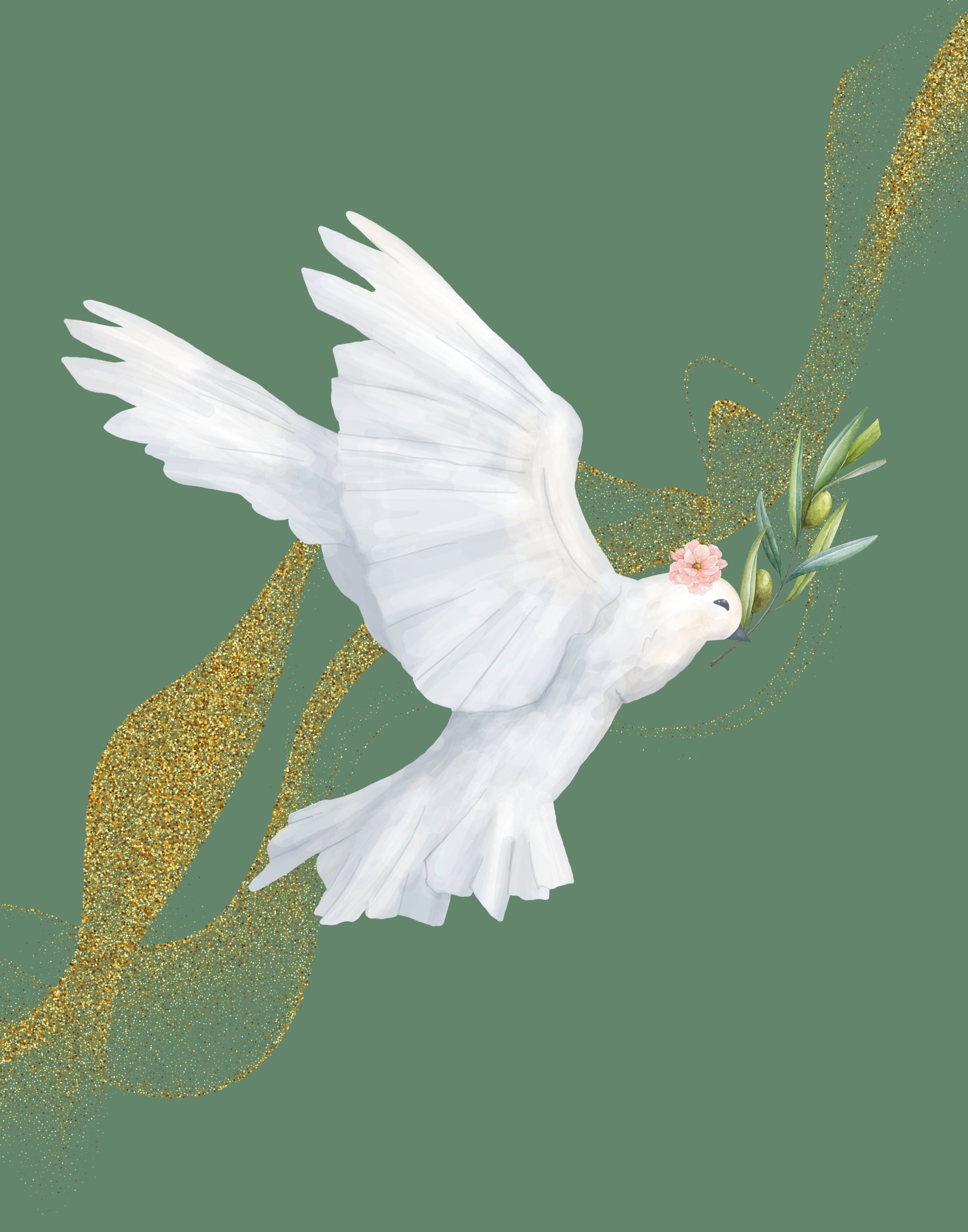 A white dove in flight carrying an olive branch with a small pink flower on its head, set against a muted green background with flowing gold glitter-like accents.