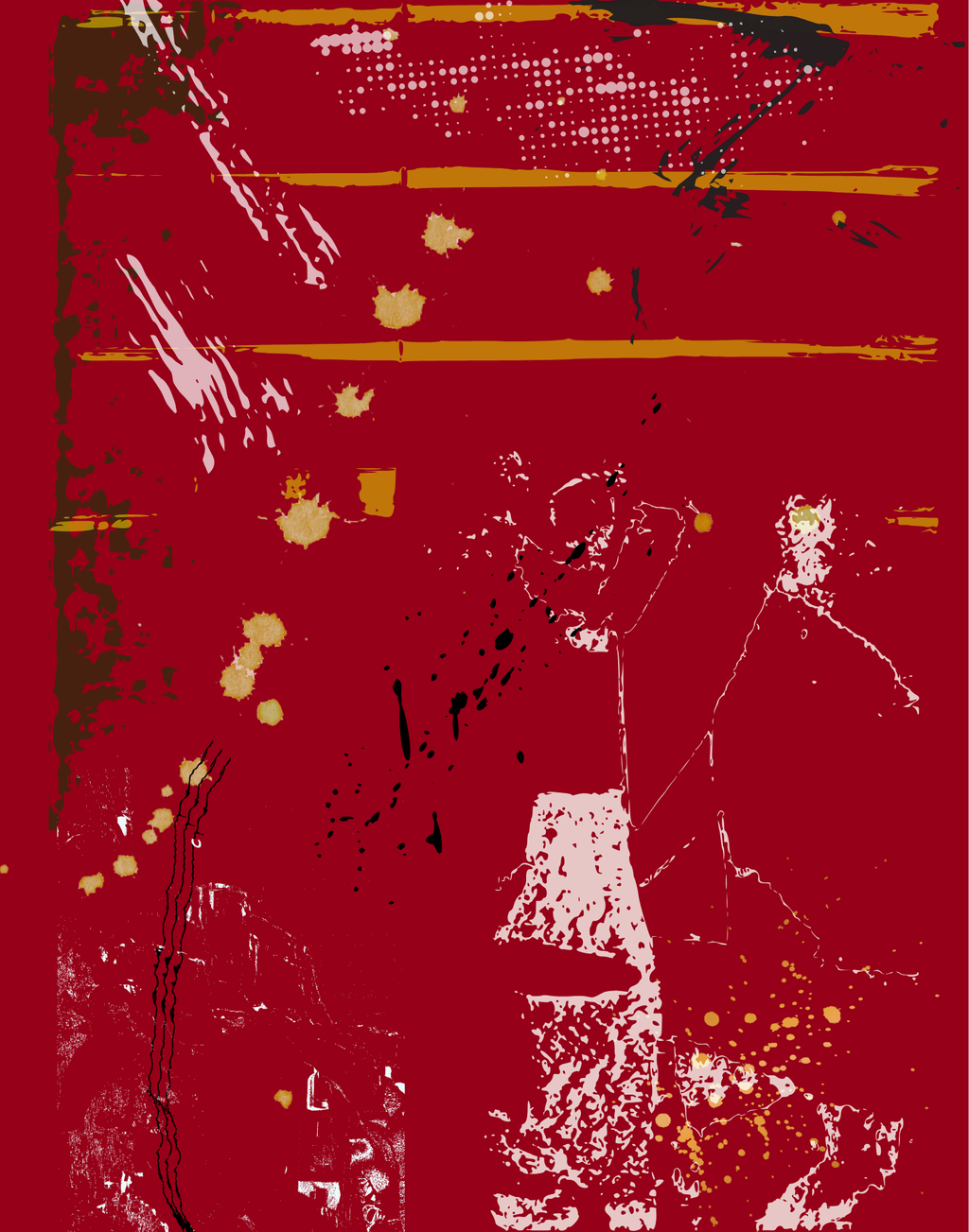 Abstract art print featuring a textured red background with distressed white paint splatters, yellow paint splatters, and horizontal yellow stripes.