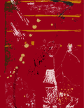 Abstract art print featuring a textured red background with distressed white paint splatters, yellow paint splatters, and horizontal yellow stripes.
