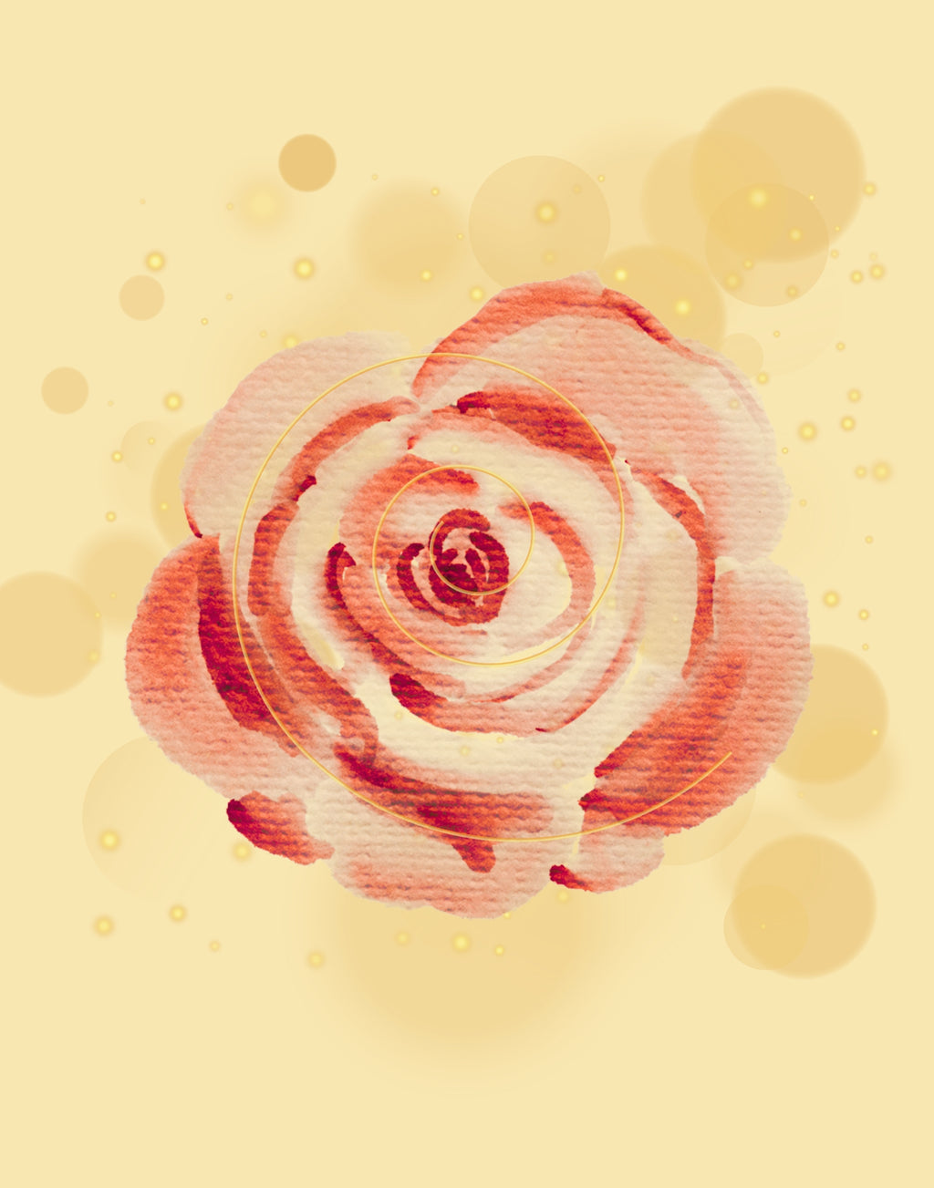 A watercolor-style pink rose centered on a warm cream background with soft gold bokeh circles and small gold speckles.