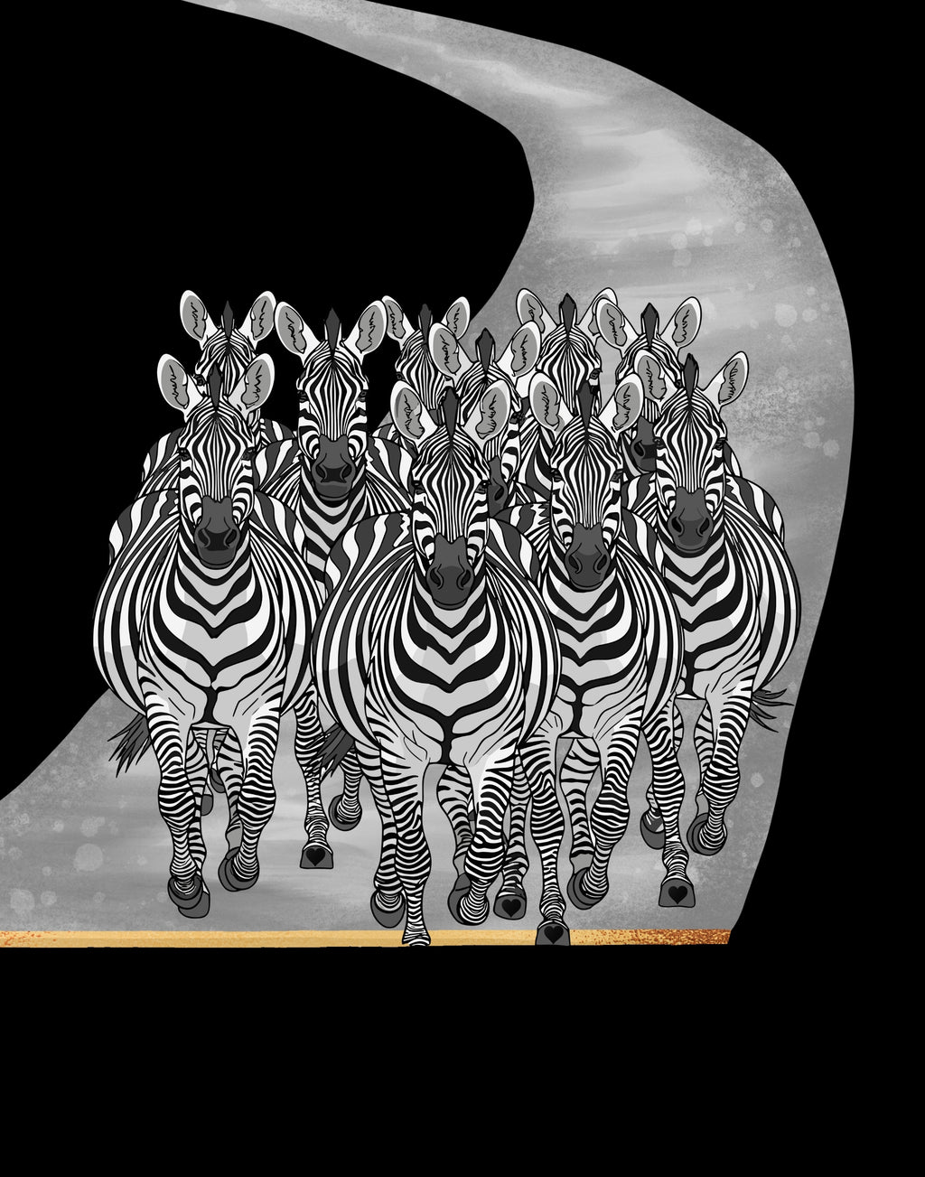 A black and white graphic print featuring a herd of zebras walking along a curved gray path, set against a solid black background with a thin gold line at the bottom.