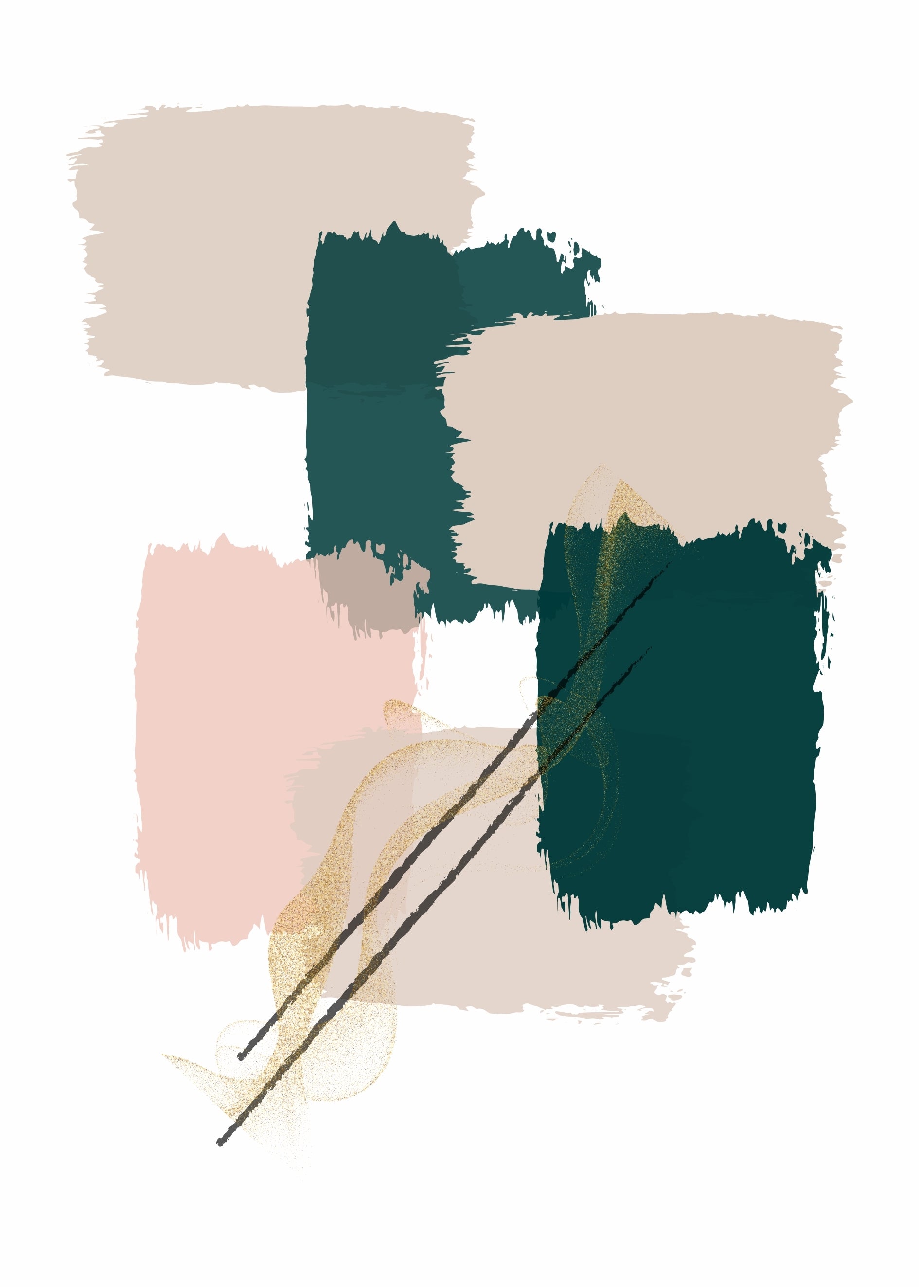 Abstract art print featuring textured paint swatches in dark teal, dusty pink, and beige on a white background, accented by two thin black diagonal lines.