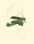 A stylized illustration of a vintage biplane in olive green with gold accents, set against a pale cream background with abstract gold circular line art.