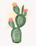 Watercolor illustration of a green prickly pear cactus with three pink flowers, set against a light cream background with subtle gold speckles.