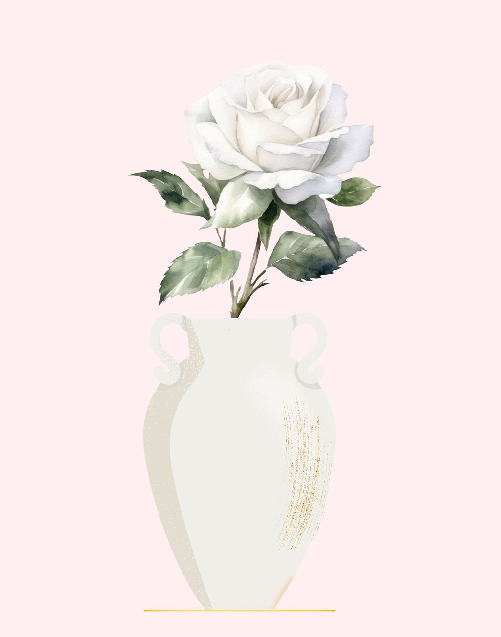 A watercolor-style illustration of a single white rose with green leaves in a cream-colored vase against a pale pink background.