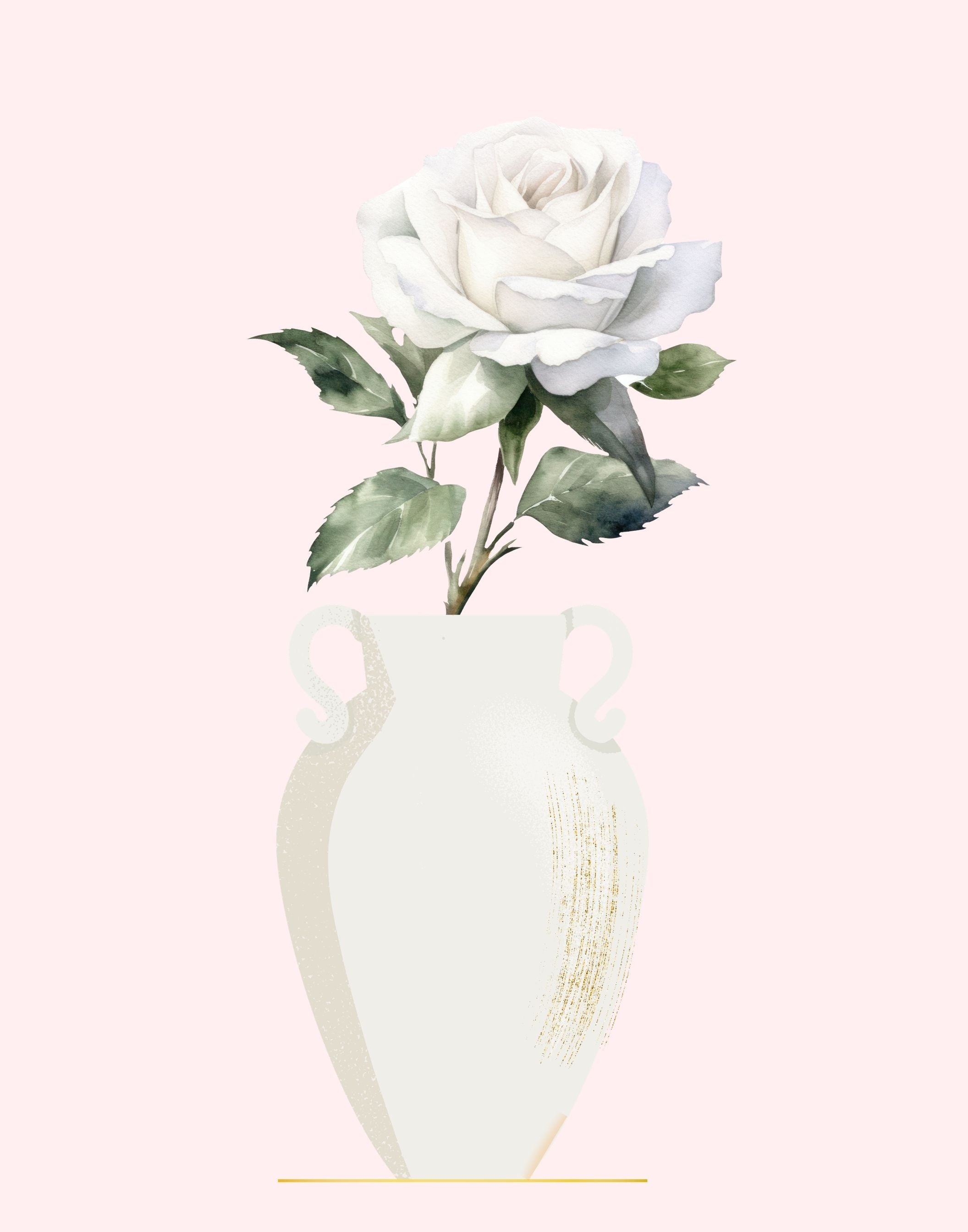 A watercolor-style illustration of a single white rose with green leaves in a cream-colored vase against a pale pink background.