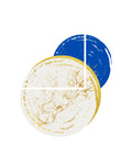 Two overlapping round plates on a white background, one in white with gold glitter and one in blue with a white border.