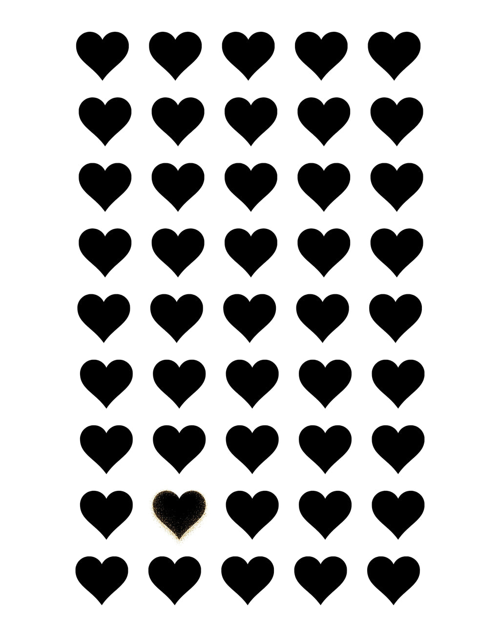 A sheet of small black heart-shaped stickers arranged in a grid on a white background, with one heart at the bottom center shown in a close-up view.