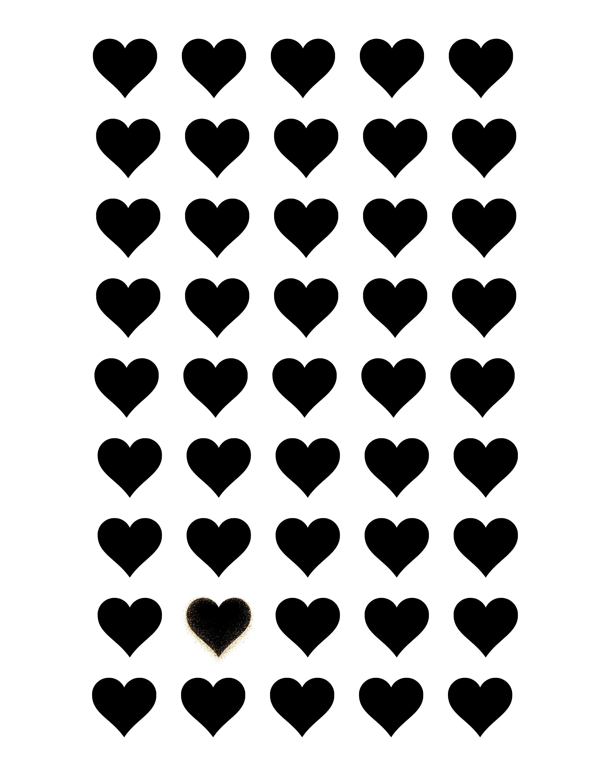 A sheet of small black heart-shaped stickers arranged in a grid on a white background, with one heart at the bottom center shown in a close-up view.